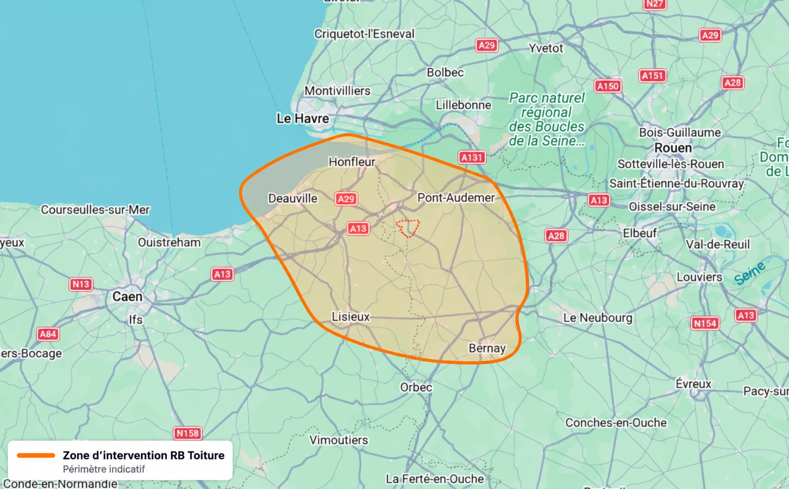 Carte du périmètre indicatif d’intervention de RB Toiture autour de Martainville, entre Deauville, Honfleur, Pont-Audemer, Lisieux et Bernay.